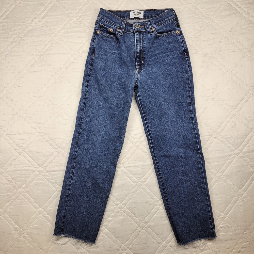 Denizen from Levis Ultra High‎ Rise Straight Raw Hem blue jeans size 1 waist 24"